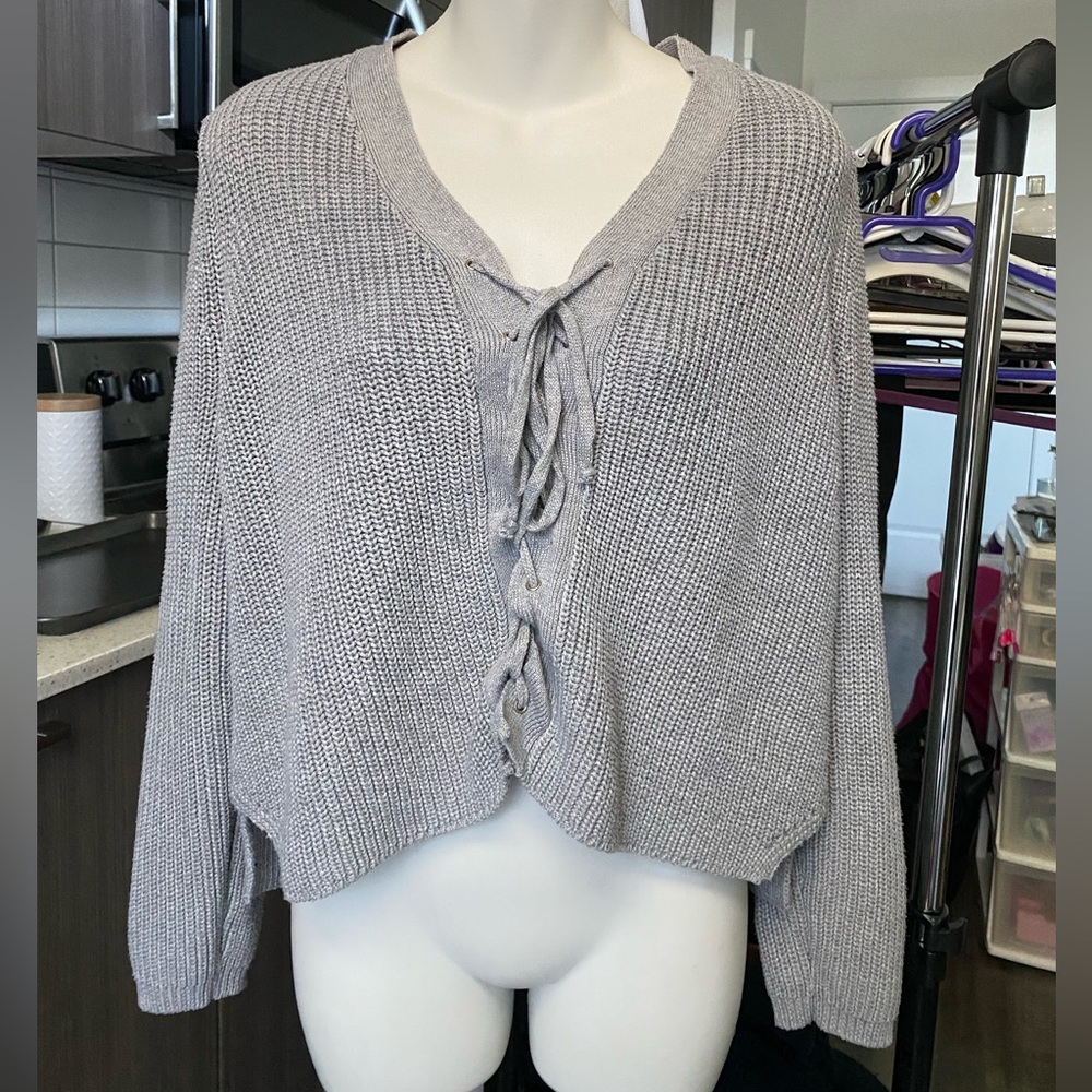 NUDE Grey Lace Up Front Tie Knit V-neck Sweater